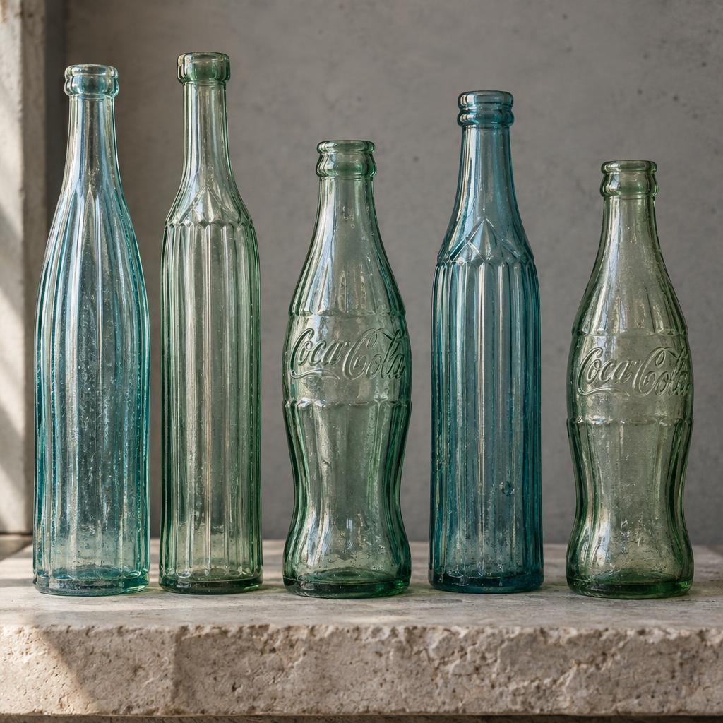 Illustrative early Art Deco soda bottles and vintage Coca-Cola contour bottles